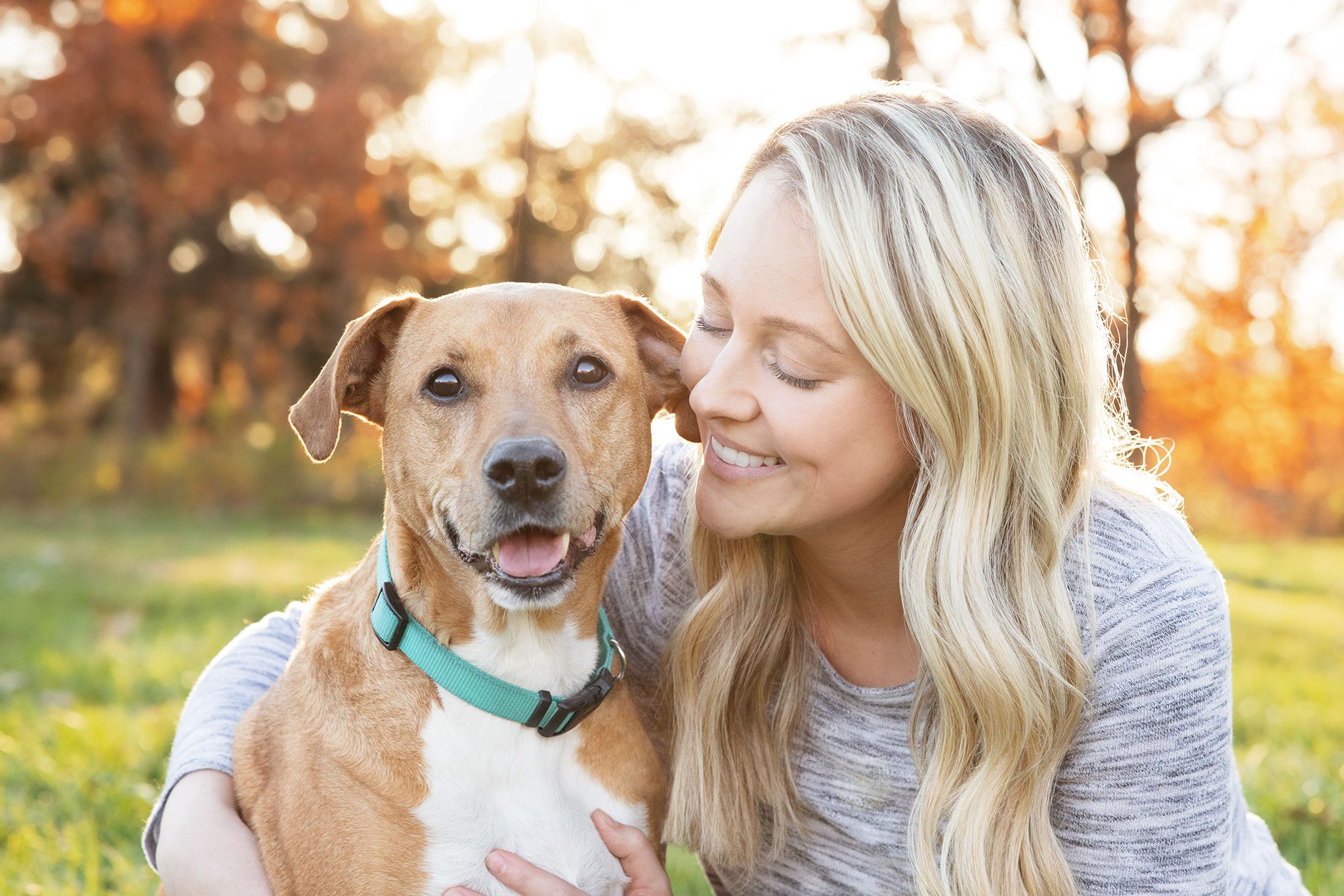 golden hour pet portrait of a woman smiling and hugging her brown and white rescue dog in the fall outdoors