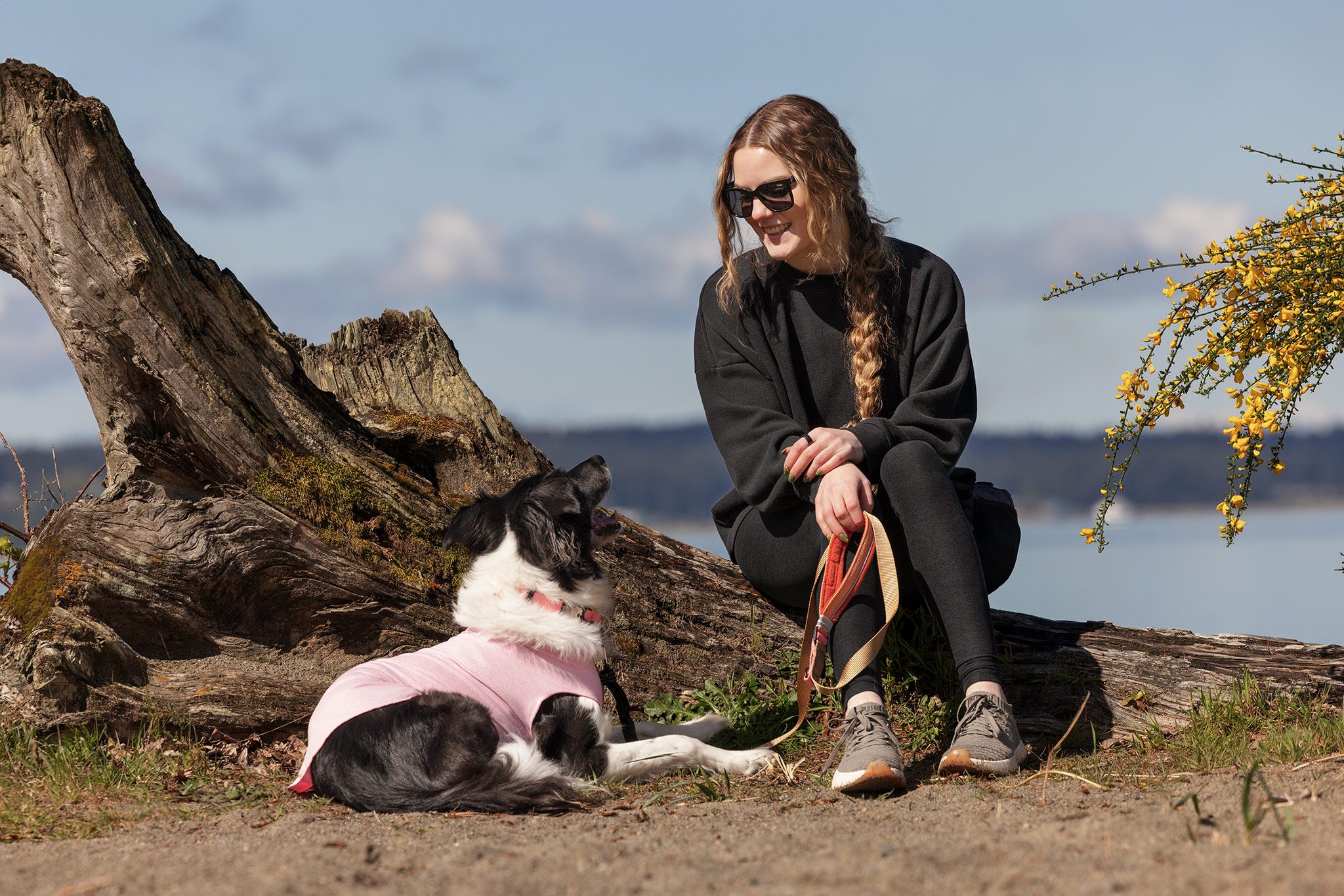 woman and dog looking at each other on the beach in Seattle